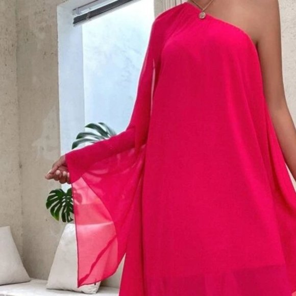 One Shoulder Batwing Sleeve Contemporary Dress HOT PINK - Picture 7 of 8